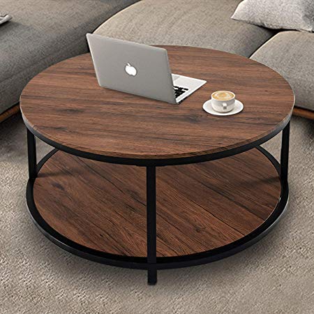 36” Wood Round Coffee Table, Industrial Wood Top & Sturdy Metal Legs for Living Room Modern Design Home Furniture with Storage Open Shelf (Dark Walunt)