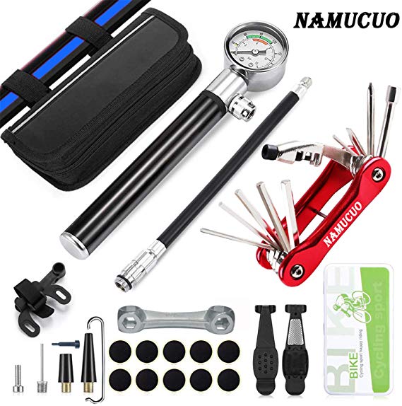 NAMUCUO Bike Tyre Repair Tool Kit - Bicycle Tool kit with 210 Psi Mini Pump 10-in-1 Multi-Tool（with Chain Breaker）, Tyre Levers &Tire Patch, Bone Wrench, 1 Portable Bag. 6 Month Warranty