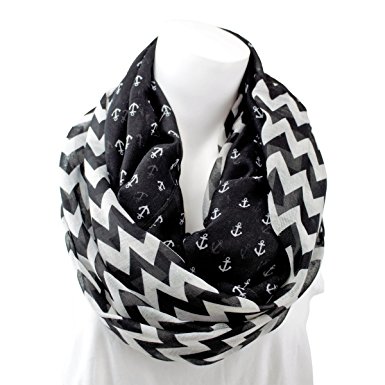 Women's Thin Black Chevron Patterned Infinity Scarf w/ Anchors