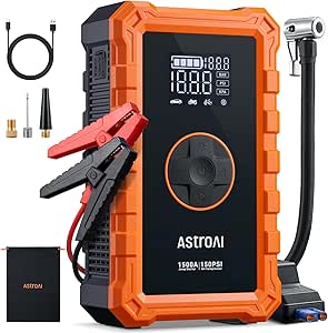 AstroAI S8 Air Jump Starter with Air Compressor, 1500A Car Battery Jumper Starter Portable (6.0 Gas/3.0L Diesel) with 150PSI Cordless Auto-Shutoff Tire Inflator, 12V Battery Charger Booster(Orange)