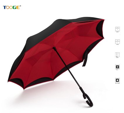 TOOGE Windproof Reverse Folding Double Layer Inverted Umbrella and Self Standing Inside Out Rain Protection Umbrella with C-shaped Hands Free Handle, Best Compact Travel Umbrella