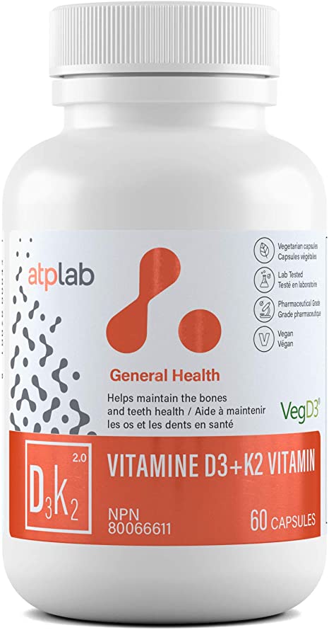 ATP Vitamin D3/K2, 100% Without Herbicides, Pesticides or Other Chemicals, 60 Capsules 60 count