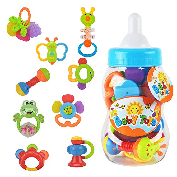 WISHTIME Rattle Teether Set Baby Toy 9pcs Rattle Teether Newborn Toys with Giant Bottle Christmas Gift for Baby, Infant, Newborn