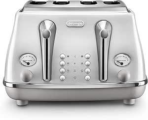 De'Longhi Icona Capitals 4 Slice Toaster CTOC4003.W, Reheat, Cancel and Defrost Functions, 6 Browning Levels, Removable Crumb Tray, 1800W, White