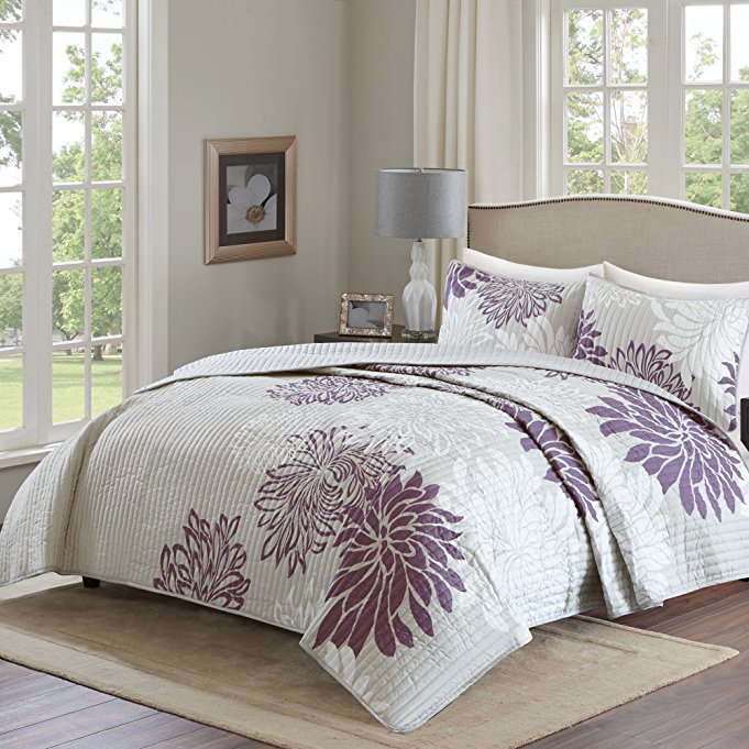 Comfort Spaces – Enya Quilt Mini Set - 3 Piece – Purple and Grey – Floral Printed Pattern – Full / Queen size, includes 1 Quilt, 2 Shams