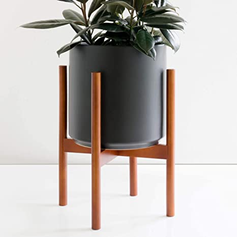 Plant Stand with Planter - Flower Pot Included | Large Modern Plant Pot with Wood Stand | Perfect for Succulent Plants, Indoor Plants & Artifical Plants (12", Black Planter   Medium Stand)