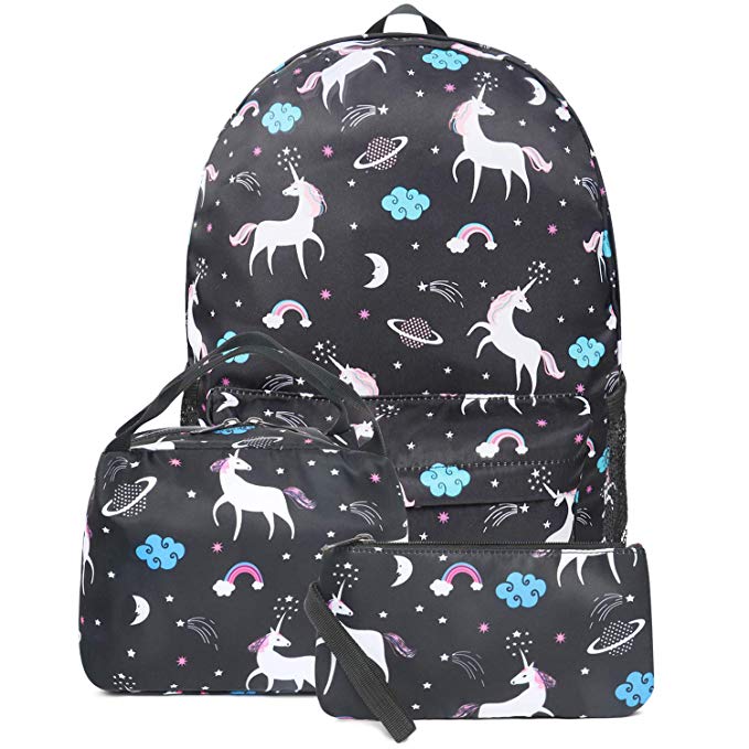 FITMYFAVO Unicorn Ultralight Backpack with Lunch Bag & Pencil Case | Bookbag | Fit in 15" Laptop and Multi-pockets with YKK zippers | Waterproof Nylon | Perfect for Work, Commute, Travel & College