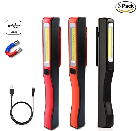 Pack of 3 Portable LED Work Light, Rechargeable COB LED Work Light 220 Lumen [1W LED 3W COB LED] w/ Magnetic Clip & Built-in 3.7v 800mAh Battery. Perfect for Camping Emergency Inspection