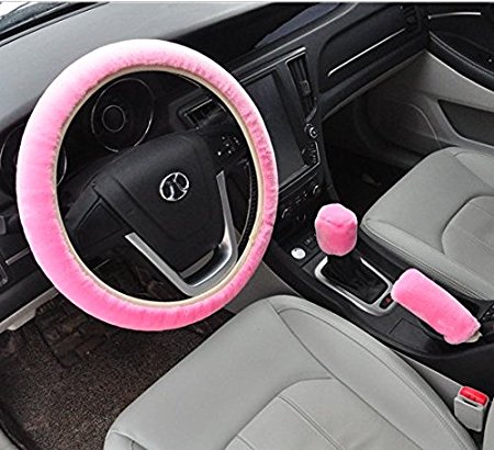 Pesp Non-slip Car Decoration Steering Wheel Handbrake Gear Shift Cover Plush New (Pink)