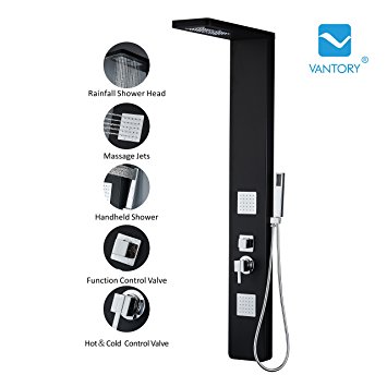 Vantory 59" Aluminum Wall Mount Shower Panel System with 2 Overhead Rainfall Showers, Black Massage Jets and Handheld Shower Head
