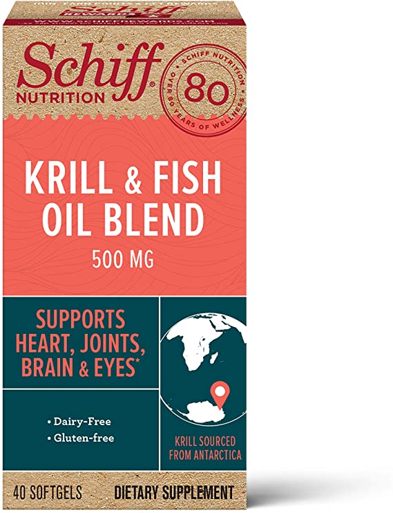 Omega-3 Fish Oil   High Absorption Antarctic Krill Oil Blend 500mg Softgels, Schiff (40 count in a bottle), High Concentration Fish Oil & High Absorption Krill Oil Supplement That Supports Heart