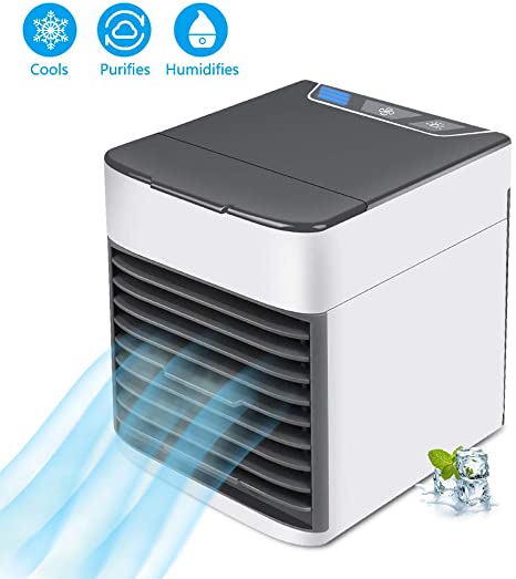 Portable Air Conditioner Fan, Air Cooler, Humidifier and Purifier 3-in-1 USB Desktop Air Conditioner with Waterbox, 7 Color LED Night Light and 3 Fan Speed for Office Home Travel