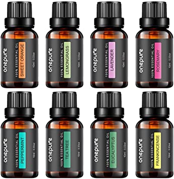 Onepure Essential Oils, 8 x 10ml Essential Oils Gift Set for Diffuser Humidifier Massage Aromatherapy (Lavender, Tea Tree, Eucalyptus, Lemongrass, Orange, Peppermint, Frankincense and Rosemary)
