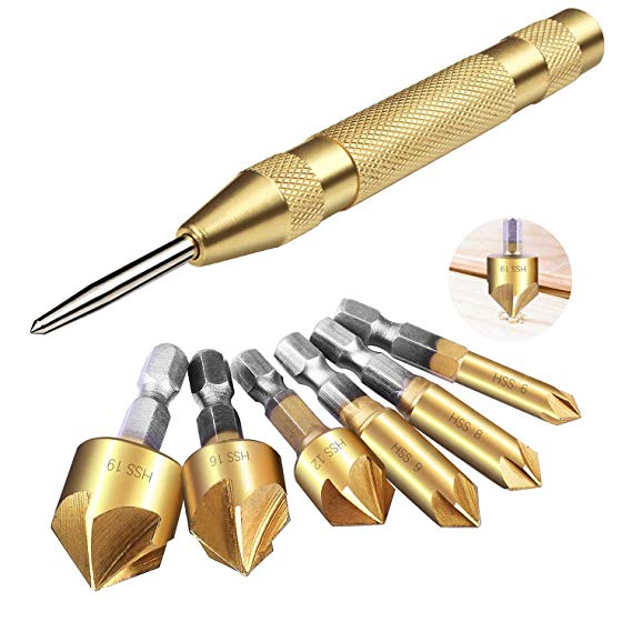 Countersink Drill Bits Center Punch Tool Sets,6 PCS 1/4'' Hex Shank HSS 5 Flute Countersink 90 Degree Center Punch Tool Sets for Wood Quick Change (NC13-US)