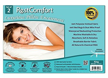 Set of 2 Bed Bug and Dust Mite Bacteria, Allergy Proof / Waterproof Pillow Protectors - Hypoallergenic Breathable and Quite - Zippered Pillow Encasement, RestComfort - King 21"×37"