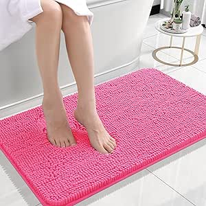 OLANLY Bathroom Rugs 24x16, Extra Soft Absorbent Chenille Bath Rugs, Rubber Backing Quick Dry, Machine Washable Bath Mats for Bathroom Floor, Tub and Shower, Home Decor Accessories, Hot Pink