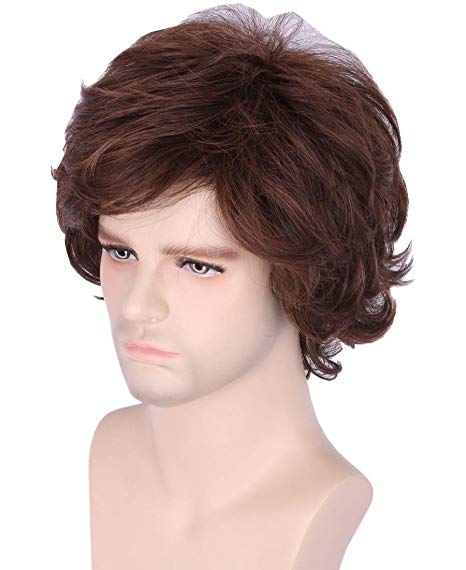 Cosplay Wig Short Natural Wavy Style Layered Halloween Synthetic Fiber Hair Wigs for Women Men (Brown)