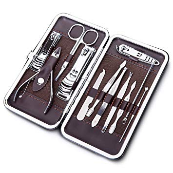 12Pcs Nail Clippers Care Personal Manicure Pedicure Tools Kit Finger Toe Clipper Set with Scissors Calipers Filers Nippers Cuticle Pushers Cutters Trimmers Stainless Steel -- Coslife (Black)