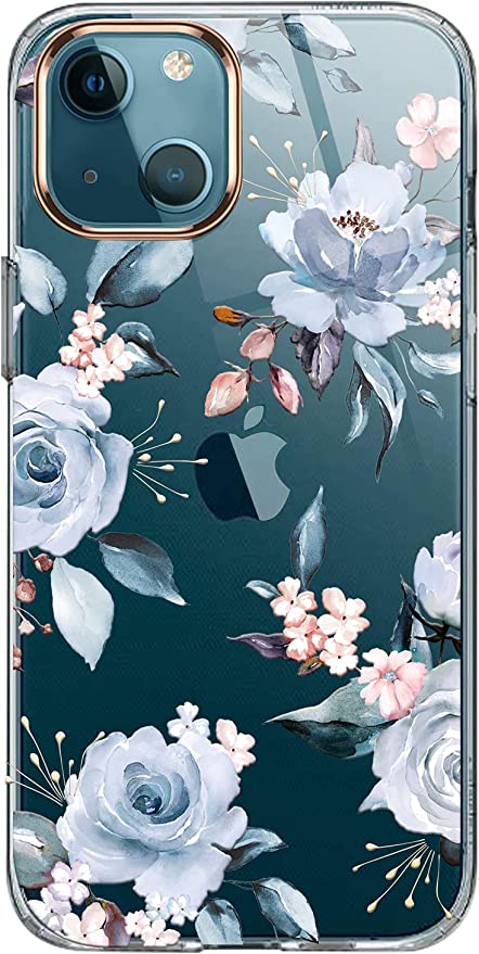 luolnh Compatible with iPhone 13 Case with Flower,for Girly Women,Shockproof Clear Floral Pattern Hard Back Cover for iPhone 13 6.1 inch 2021-Blue