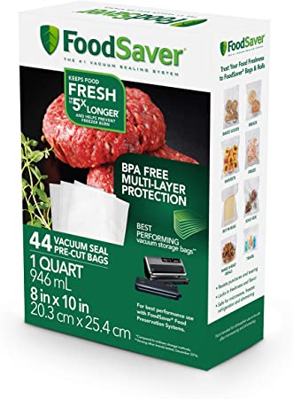 FoodSaver 1-Quart Precut Vacuum Seal Bags with BPA-Free Multilayer Construction for Food Preservation, 44 Count