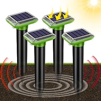 Solar Mole Repellent, Ultrasonic Gopher Repeller Outdoor, Solar Powered Waterproof Snake Repellent Deterrent Gopher Vole Snake Pest and Other Rodent Animals from Lawn Garden Yard Home(4 Packs)