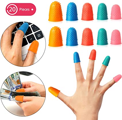 20 Pieces Rubber Fingers Tip Pads Grips for Money Counting Collating Writing Sorting Task Hot Glue and Sport Games Thick Reusable Protector Assorted Sizes Blue Orange Green Red Pink