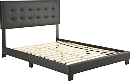 Flex Form Murphy Upholstered Platform Bed Frame with Tufted Headboard: Faux Leather, Black, Queen