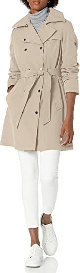 Calvin Klein Women's Double Breasted Belted Rain Jacket with Removable Hood