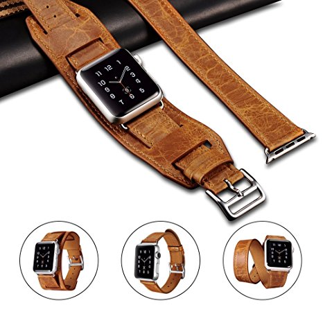 Apple Watch Leather Band, Icarer Double Tour and Cuff Genuine Leather Watch Band Strap Replacement iWatch Wristband Link Bracelet with Classic Metal Buckle for Apple Watch (38mm, Orange)