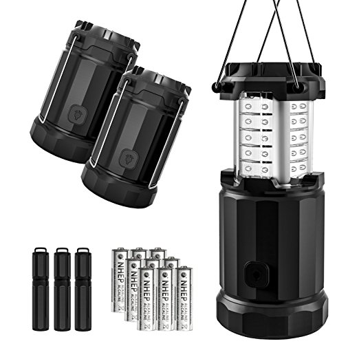 Etekcity 3 Pack Outdoor Portable LED Lantern Flashlights with 9 AA Batteries - Camping Survival Gear for Hiking, Emergencies, Hurricanes, Outages, Storms (Black, Collapsible) (Upgraded CL30)