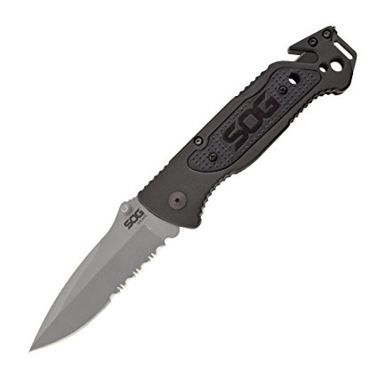 SOG Escape Folding Knife FF24-CP - Built-in Strap Cutter & Glass Breaker, Bead Blasted 3.4" Blade, Aluminum Handle