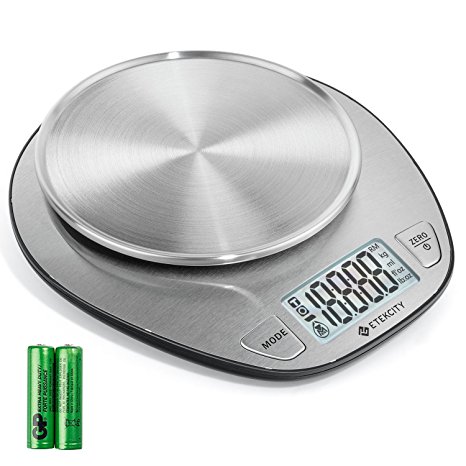 Etekcity Digital Kitchen Scale Multifunction Food Scale with Liquid Volume Measurement and Auto Zero/Tare Function, 30% Larger Backlight Display, 11lb/5kg, 4 GP Batteries Included (5 Kg)