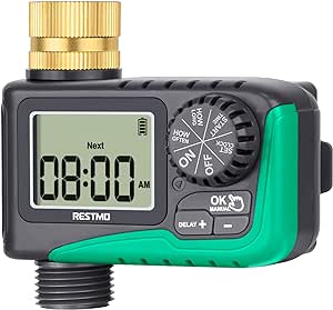 RESTMO Sprinkler Timer with Brass Inlet, Programmable Water Timer for Garden Hose, Automatic Digital Control | Manual ON/Off | Rain Delay, for Outdoor Faucet, Drip Irrigation and Lawn Watering System