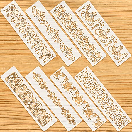 8 Pieces Ornate Border Stencil Flower Stencil Template Cake Decorating Templates Reusable DIY Art and Craft Stencil Floral Edge Baking Tool for Painting on Wood, Canvas, Paper, Fabric