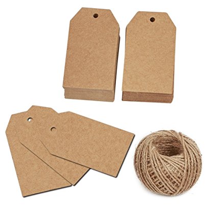 KINGLAKE 100 Pcs 7x4cm Kraft Paper Christmas Gift Tags with String Wedding Hang Tags Vintage Tags with 100 Feet Natural Jute Twine
