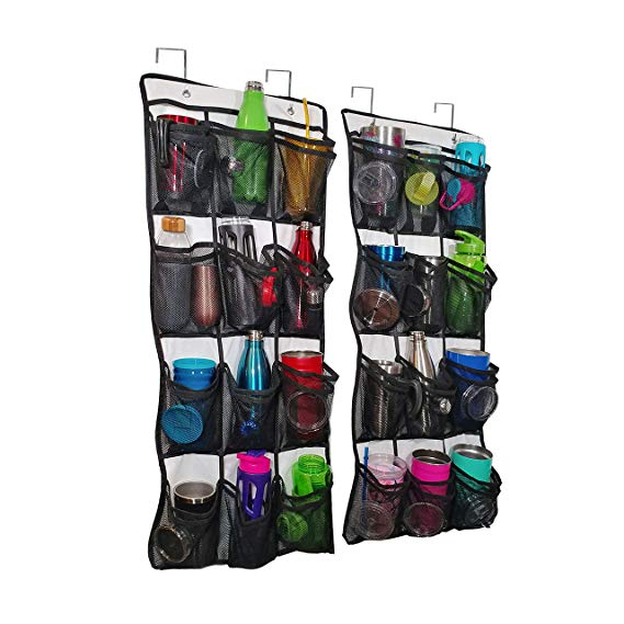 Over The Door Water Bottle, Travel Mug, Tumbler and Lid Organizer and Holder 2 Pack. Never Lose A Drink Cap Again. Pockets Keep Matching To Go Coffee Cups and Covers Together Saving Time and Space.