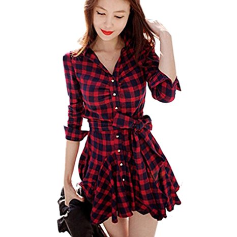 Daxin Lady Retro Long Sleeve Red Plaid Lapel V Neck Skirt Belted Casual Shirt Dress