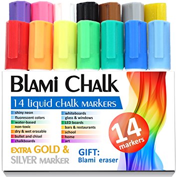 Blami Arts Chalk Markers for Kids & Artists Extra GOLD SILVER and ERASER Ink Pens 14 Vibrant Liquid chalk paint - reversible Bullet & Chisel Fine Tip Free Your Imagination with Chalkboard Marker Now!