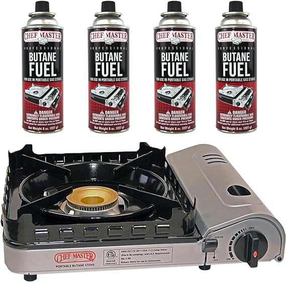 Chef Master 90019 Portable Stove Combination Pack, Includes 4 x 8 oz. Tins of Butane Fuel | 15 000 BTU | Perfect for Emergency Cooking and Boiling Water | Perfect for Camping | No Batteries Needed