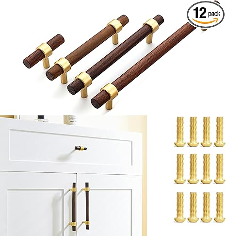 Single Hole T Bar Knob, Cabinet Knobs,T Knobs for Dresser Drawers,Wooden Knobs,with Luxury Brass Base,Walnut Drawer Knobs,2.36" Length,Dark Brown,12-Pack