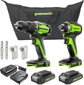 Greenworks 24V Brushless Cordless Compact 1/2 in. 530 in.-lbs. Drill/Driver and 1,950 in-lbs Impact Driver Combo (21 1 Clutch Position/LED Light), 2×2Ah Battery and 2Ah Fast Charger Included