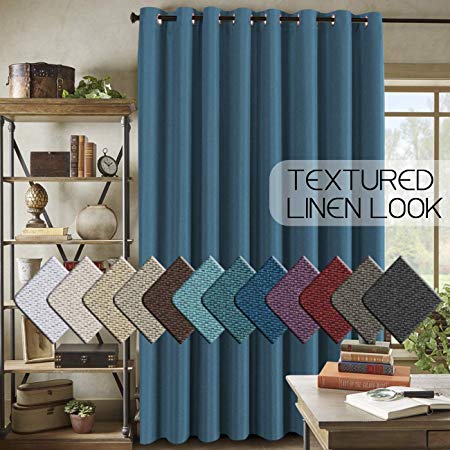 Extra Wide Blackout Linen Curtains for Patio Doors Room Darkening Energy Saving Burlap Primitive Linen Drapes for Living Room/Sliding Door, Functional Room Divider Curtain Navy, 100" x 96"