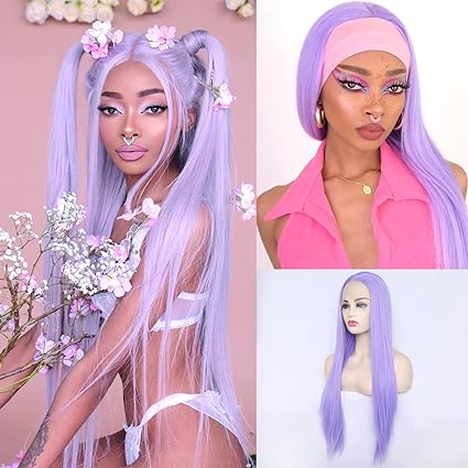 BLUPLE Light Purple Lace Front Wigs Long Straight Natural Heat Resistant Synthetic Hair Half Hand Tied Wigs for Cosplay Daily Wear (22 inches, Straight,Light Purple)