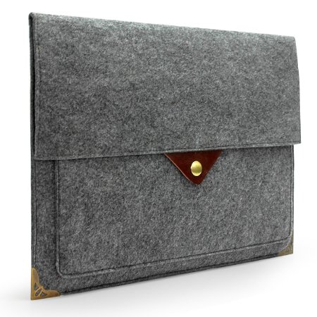 Lavievert Latest Designed Gray Felt Case Bag Sleeve Protector with Authentic Triangle Leather Flap and Copper Metal Corner and Magnetic Button for Apple 11" MacBook Air