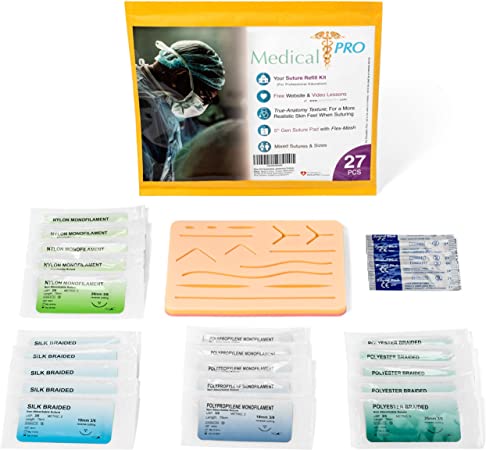 MedicalPRO REFILL Suture Practice Kit for Medical Students - The Perfect Suturing Set with Sutures, Suture Needles, New True-Skin Surgical Kits, Pad and Case for Surgery and Stitching Training