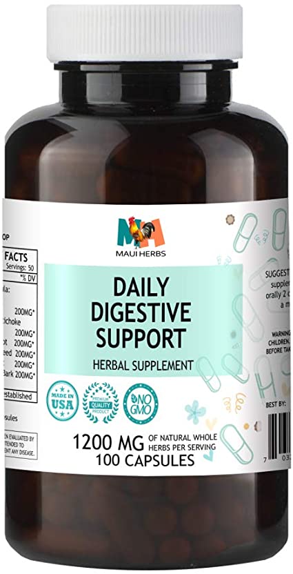 Maui Herbs Daily Digestive Support 100 Capsules, 1200 MG, Organic Herbal Formula (Chicory, Dandelion, Inulin, Milk Thistle, Turmeric, Slippery Elm)