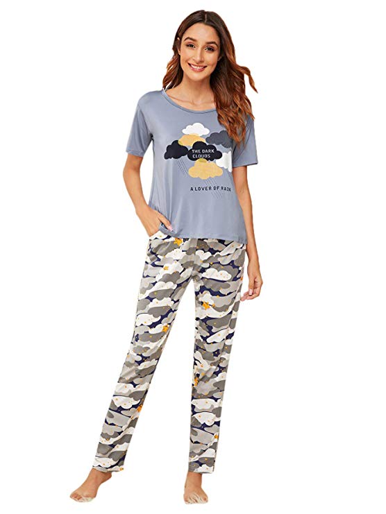 DIDK Women's Cartoon Print Top and Polka Dot Pants Pajama Set