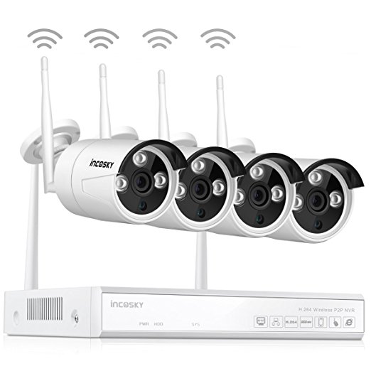 incoSKY Wireless Security Camera System WiFi CCTV Surveillance Set DVR/NVR 960P 4CH HD Night Vision Motion Alerts IP66 Waterproof Office/Home Free App No Hard Drive White W1