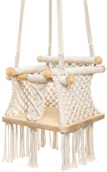 Mkono Baby Swing Hanging Chair Handmade Macrame Cotton Beige Wooden Background Indoor Outdoor Infant Swing Seat,Toddler Hammock Swing,Boho Nursery Decor