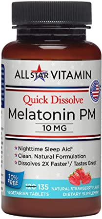 Clean Formulated Quick Dissolve Melatonin PM Strawberry, 10 mg, 135 Vegetarian Tablets, Sleep, Rest, Drug Free, Jetlag, Non-GMO, Vegan